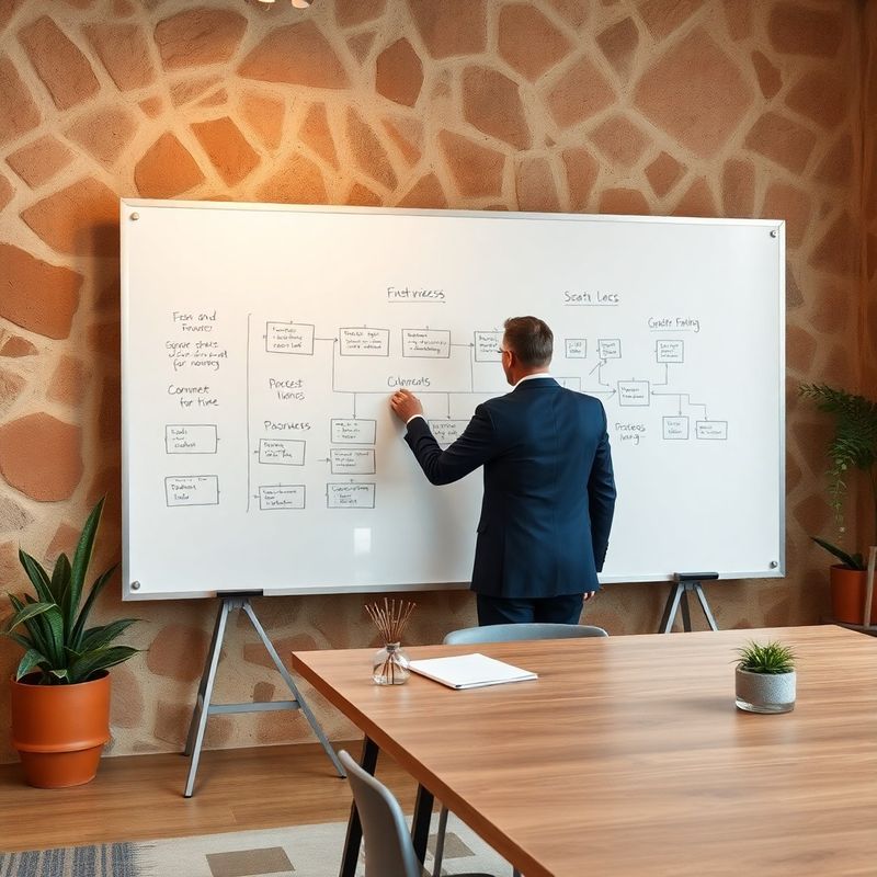 Konzultant mapira tok procesa na velikom whiteboardu u profesionalnom prostoru